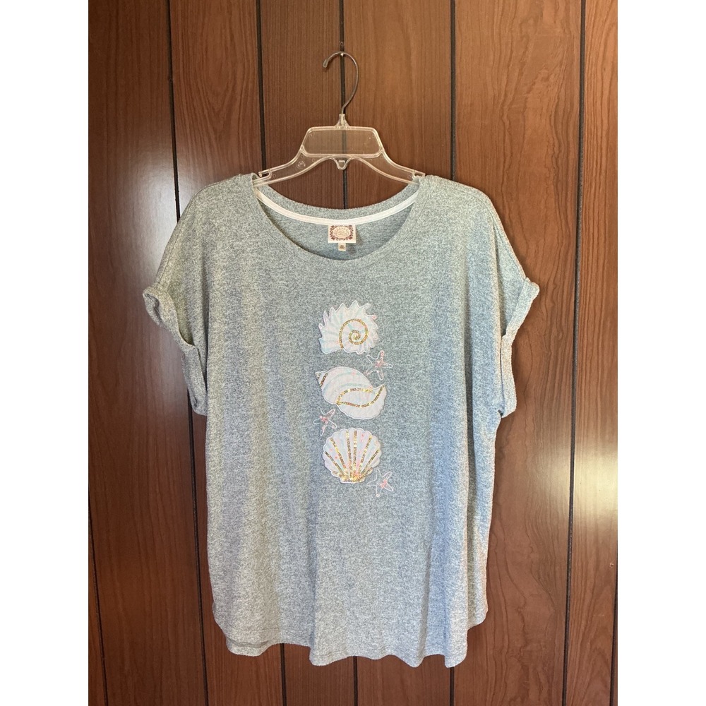 True Self Womens 2X Gray Seashell Sequin Short Sleeve Knit Top Coastal Beach